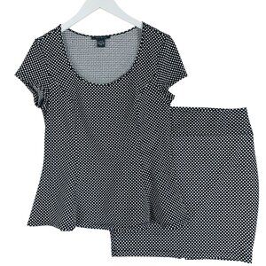 Suzy Shier Black White  Polka Dot Peplum Top Blouse Stretch & skirt sz large set